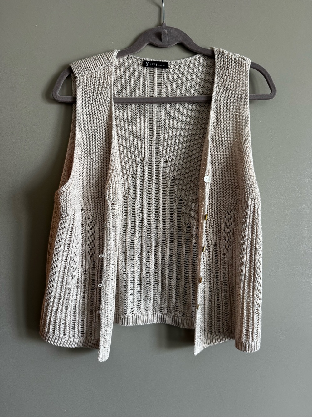 Very J Cream Open-Knit Button Front Vest